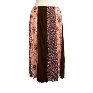 Vtg Y2K Portrait Patchwork Fairy Core Boho Floral Pink and Brown Midi Skirt Sz L